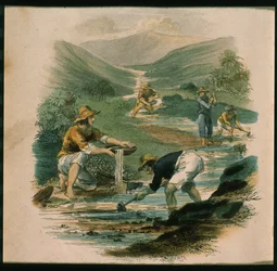 Cena na Filial do Sacramento em 1597, ilustração da Califórnia, sua história passada, sua posição atual, suas perspectivas futuras por GA Fleming, 1850