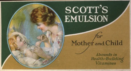 Emulsão Scotts para Mãe e Filho, Abundância de Vitaminas para Construção de Saúde (litografia [cartão comercial])