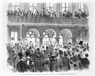 Secession Meeting em Frente à Mills House, Meeting Street, Charleston, South Carolina, c.1860 (gravura) (foto p - b)