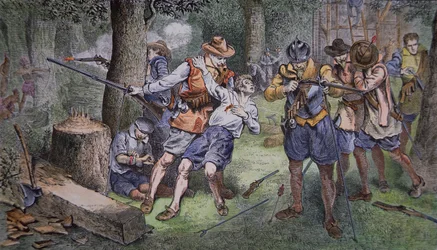 Assentamento de Jamestown, Virginia, em 1607 (gravura colorida)