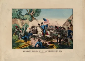 Cavalaria Sheridans na Batalha de Fishers Hill (Shenandoah Valley), pub. por Currier & Ives, c.1864