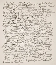 Assinaturas da Declaração de Independência, 1776, ilustração da História Ilustrada de Cassells da Inglaterra (foto sépia)
