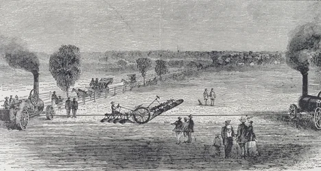 Steam plough na fazenda de Patterson, ilustração de &39;Harper&39;s Weekly&39;, 1869, de &39;The Pageant of America, Vol.3&39;, por Ralph Henry Gabriel, 1926