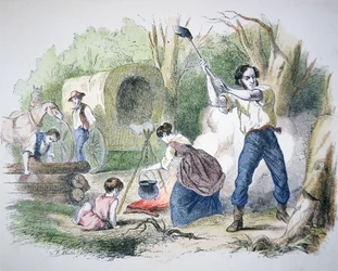 Imigrantes suecos colonos no Nebraska, c.1895 (gravura a cores)