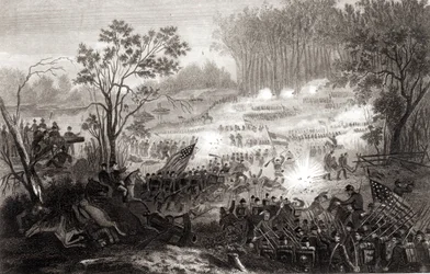 A Batalha em Pittsburg Landing, gravada por HB Hall, 1862
