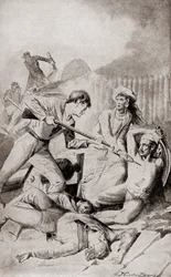 A batalha de Quallah Battoo em 1832, de "The History of Our Country", publicada em 1905 (litografia)