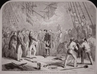 O Comte de Grasse entrega a sua espada a Samuel Hood na "Ville de Paris".