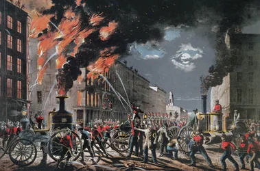 The Life of a Fireman (Departamento de Bombeiros Voluntários de Nova Iorque), publicado por Currier & Ives