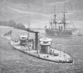 O Miantonoma, monitor blindado de torre dupla lançado em 1863 (litho)