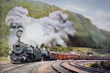 The New York to Chicago Express at the Horse-Shoe Curve, Alleghany, c.1930 (cor litho)