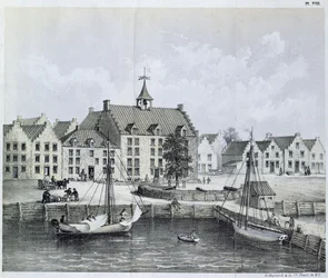 Os Stadthuys de Nova York em 1679, Corner of Pearl Street e Coentijs Slip, de Journal of a Voyage a Nova York em 1679-80 por Jasper Danckaerts (n.1639) e Peter Sluyter (1645-1722), publicado em 1867
