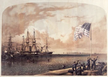 A vitória da União em Port Royal, em 7 de novembro de 1861, gravada por Shearman e Hart, 1861