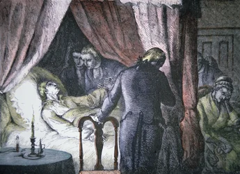 A morte de George Washington em Mount Vernon, Virginia (cor litho)