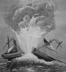O primeiro torpedo, inventado por Robert Fulton (1765-1815) explode a prisão dinamarquesa "Dorothee", na baía de Walmer.
