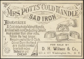 Cartão comercial para Mrs. Potts "Cold Handle Sad Iron, c.1870-1900