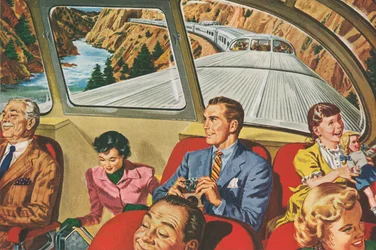 Viajantes que desfrutam de uma viagem de comboio futurista