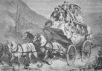 Viajando pelo Oeste Americano por Concord Stagecoach na década de 1860 (gravura)