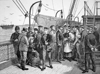 Agentes de saúde do Governo dos EUA num navio de emigrantes, Quarantine Point, Nova Iorque
