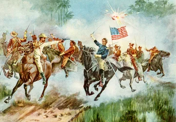 US Rough Riders, stampeding um posto espanhol em Cuba durante a Guerra Hispano-Americana, 1898