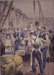 Indústria têxtil dos EUA, fábrica têxtil do Norte, c.1870 (gravura colorida)