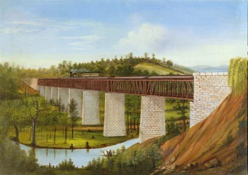 Vista de uma ponte coberta e ferrovia, c.1870