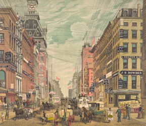 Vista vintage da Broadway na cidade de Nova Iorque, c.1880 (cromolitografia)
