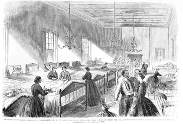 Enfermeiras voluntárias que frequentam os doentes no Hospital Geral dos EUA em Georgetown, de Frank Leslies Illustrated Newspaper, 6 de julho de 1861