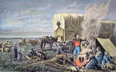 Vagões emigrantes para o oeste (gravura colorida)