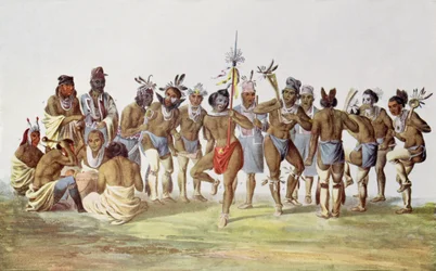Dança de guerra dos Sauk e Fox, ilustração de “The Indian Tribes of North America, Vol. 1”, de Thomas L. McKenney e James Hall, publicada por John Grant