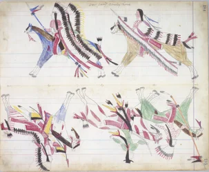Festa de guerra chegando em casa, ilustração do livro Black Horse Ledger, 1877-79 (lápis e giz de cera no papel)