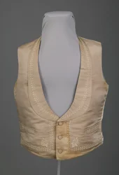 Colete de noiva, ca.1855 (vista frontal), brocado de seda, bordado em linha de seda, linho, Wallin & O