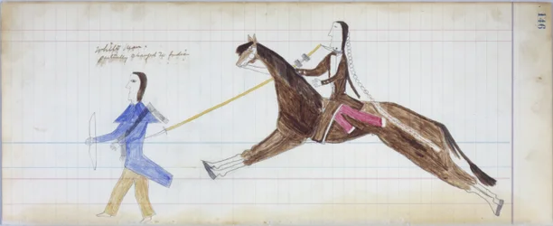 Homem branco parcialmente mudado para índio, ilustração do livro Black Horse Ledger, 1877-79 (lápis e crayon no papel)