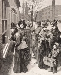 Mulheres a votar em Cheyenne, Wyoming, EUA (litografia)