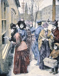 Sufrágio das mulheres nos EUA: Mulheres votando no território do Wyoming depois de ganharem esse direito em 1869 (gravação a cores)