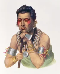 Ma-Has-Ka novo, chefe do Iowas, 1837, ilustração "dos tribos indianos de America do Norte, Vol.1", por Thomas L. McKenney e por James Salão, bar. John Grant