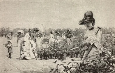 Mulheres a caminhar em Brera, Milão, Itália, gravura do quadro Maggio (Maio) de Amerino Cagnoni (1853-1923), de L