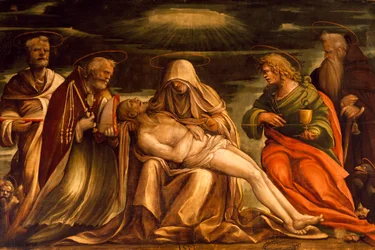 Pieta entre Marcos dos Santos, Ambrósio, João Evangelista e António Abate, de Amico Aspertini (1474 ou 1475-1552), tempera sobre tela