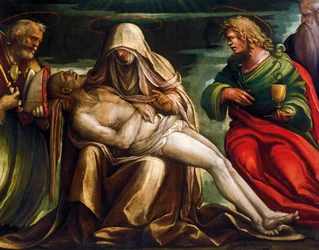 Pieta com São Marcos, Ambrósio, João Evangélio, São e António Abate, de Amico Aspertini, Circa 1519, tempera sobre tela