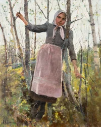 primavera; Rapariga num bosque de bétulas