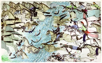 Cavalaria americana recuando através de um rio perseguido por guerreiros nativos americanos, c1900