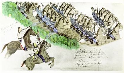 Início da Batalha do Rio Little Big Horn, Montana, 25 de junho de 1876. Índios das planícies e cavalaria dos EUA. Da pintura do índio Sioux Amos Bad Heart Buffalo.