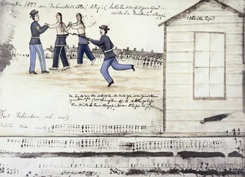 A morte de Crazy Horse (c.1842-77) em 1877, Fort Robinson, Nebraska (tinta no papel)