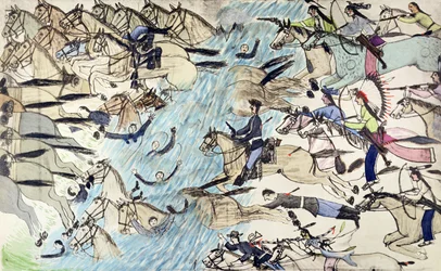 Tropas sendo conduzidas através do rio (tinta no papel)