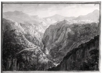 Cena do Inn at Devil&39;s Bridge com a queda do Rhydal, de "vistas em Inglaterra, Escócia e País de Gales", 1804 (lavagem cinzenta sobre grafite em papel tufado)