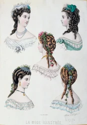 Cinco penteados de mulheres Placa tirada de "La mode illustree" por Anais Coutwelve