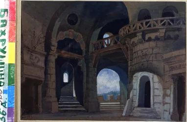 Decor pour la peça Macbeth de William Shakespeare (1564-1616) (Desenho de palco para a peça Macbeth de W.Shakespeare). Oeuvre de Anatoli Fyodorovich Geltser (1852-1918), aquarelle et gouache sur papier