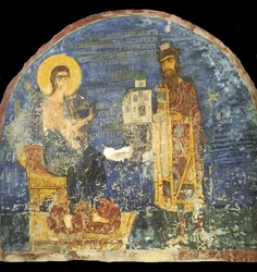 Grão-príncipe Yaroslav II Vsevolodovich com modelo da Igreja de Nereditsa antes de Cristo, século XII