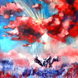 Duas gruas, nuvens vermelhas