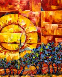 Árvores com cores vibrantes ao pôr do sol