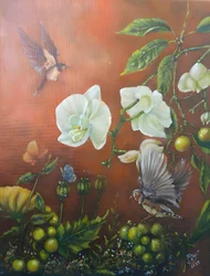 Orquídeas brancas e pássaros